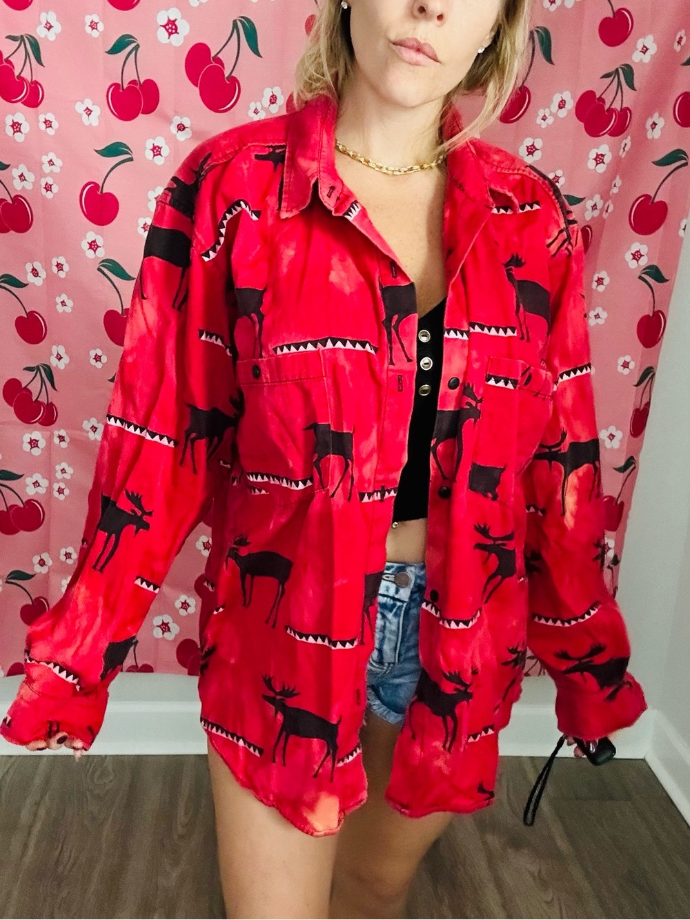 True Grit Red Button-Up Shirt with Black Geometric Print